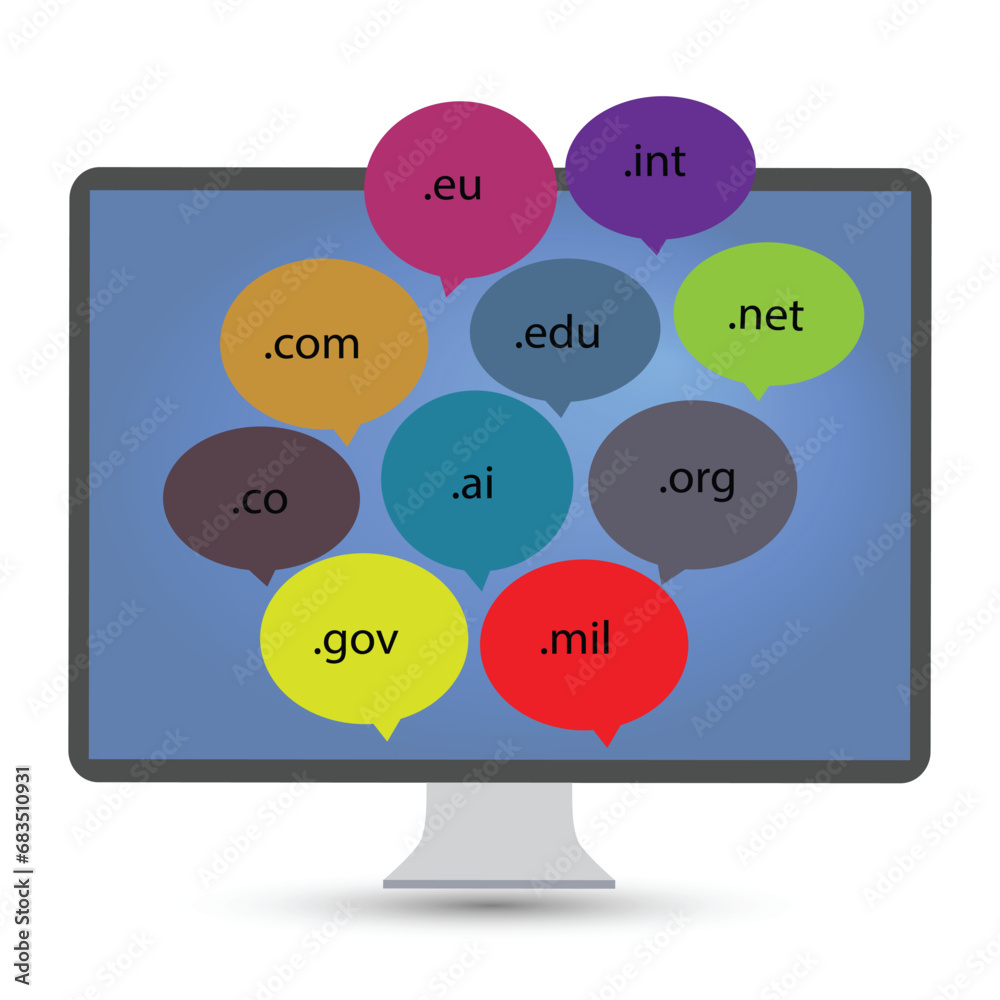 Colorful speech bubbles with different internet domains written on them Colorful speech bubbles with different internet domains written on them