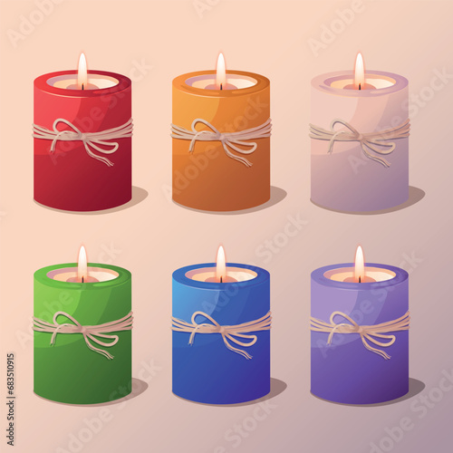 Set of realistic colorful wax candles with fire