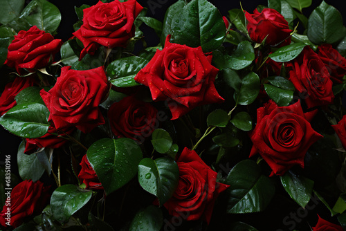 Lush arrangement of dark red roses with deep green foliage. Natural beauty of flowers. Design for invitations, banners, or backdrops. Valentine's Day celebration