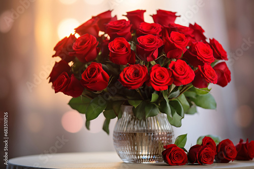 Fototapeta Naklejka Na Ścianę i Meble -  Elegant crystal vase filled with fresh red roses on a soft-lit table. Valentine's Day romantic concept. Design for romantic banners, wedding invitations, or greetings