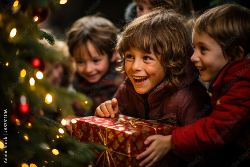 children opening gifts under the Christmas tree generative ai children opening gifts under the Christmas tree generative ai