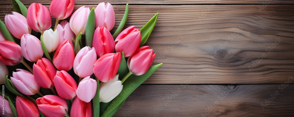 Fresh pink and white tulips on a rustic wooden table background. Springtime celebrations. Valentine's and Mother's Day. Design for seasonal banners, invitations, or backdrops with free space for text Fresh pink and white tulips on a rustic wooden table background. Springtime celebrations. Valentine's and Mother's Day. Design for seasonal banners, invitations, or backdrops with free space for text