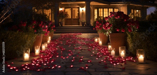 A pathway leading to the front door, lined with red rose petals and heart-shaped luminaries.