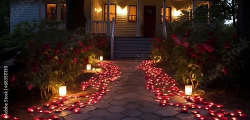 A pathway leading to the front door, lined with red rose petals and heart-shaped luminaries.