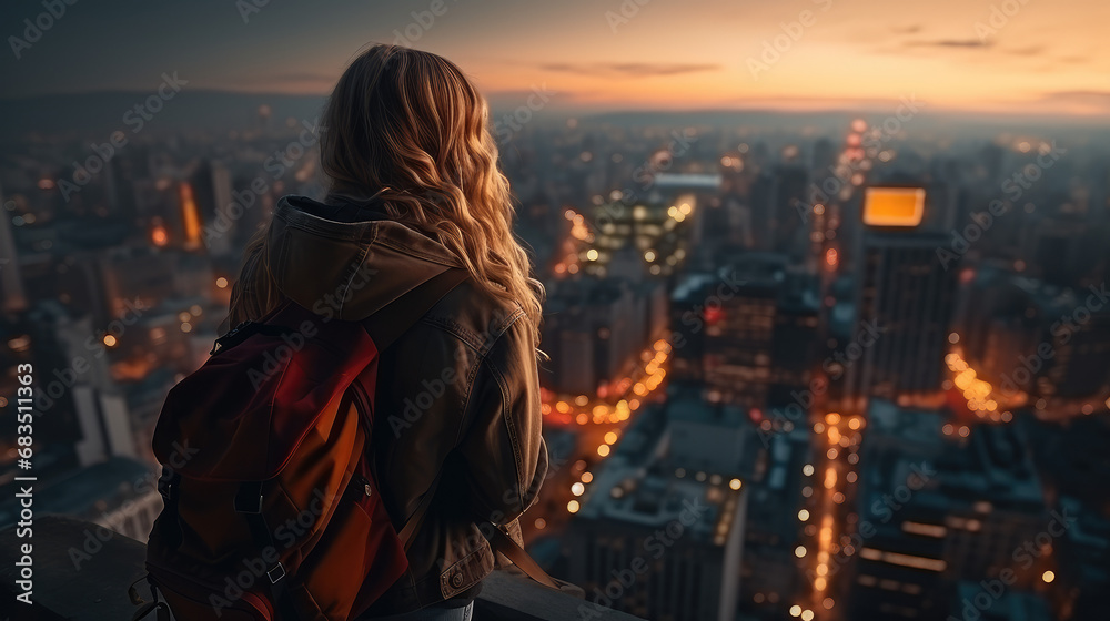 Back view, girl traveler standing on a rise above a large populated night illuminated city with a backpack. Creative concept of big possibilities of big city, tourism and traveling. - obrazy, fototapety, plakaty 