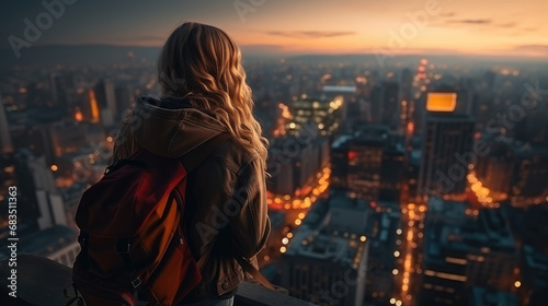 Back view, girl traveler standing on a rise above a large populated night illuminated city with a backpack. Creative concept of big possibilities of big city, tourism and traveling.