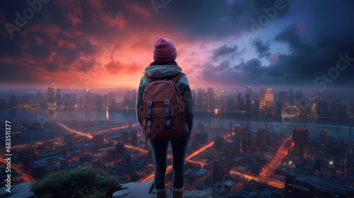 Back view, girl traveler in hat standing on a rise above a large populated night illuminated city with a backpack. Creative concept of big possibilities of big city, tourism and traveling. photo