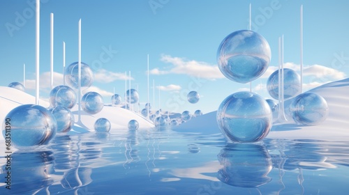  a group of balls floating on top of a body of water in front of a blue sky with white clouds.