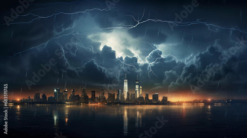 Hyper realistic skyline with a Stormy Skies with multiple lightning strikes
