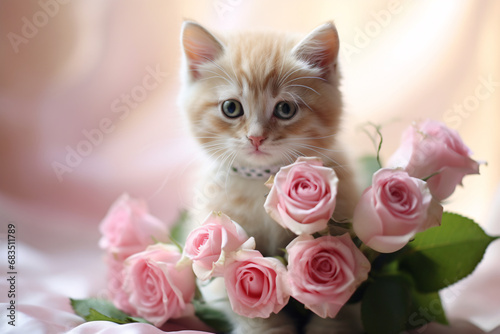Sweet ginger kitten amidst a bouquet of tender pink roses in a bedroom. Beauty and elegance of flowers. Valentine's Day and Mother's Day. Design for greeting cards, invitations, banners © dreamdes