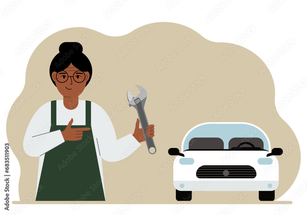 Naklejka premium Auto mechanic in a car workshop near a white car. A woman holds a wrench in his hand. Car repair concept. Poster, advertisement, banner.