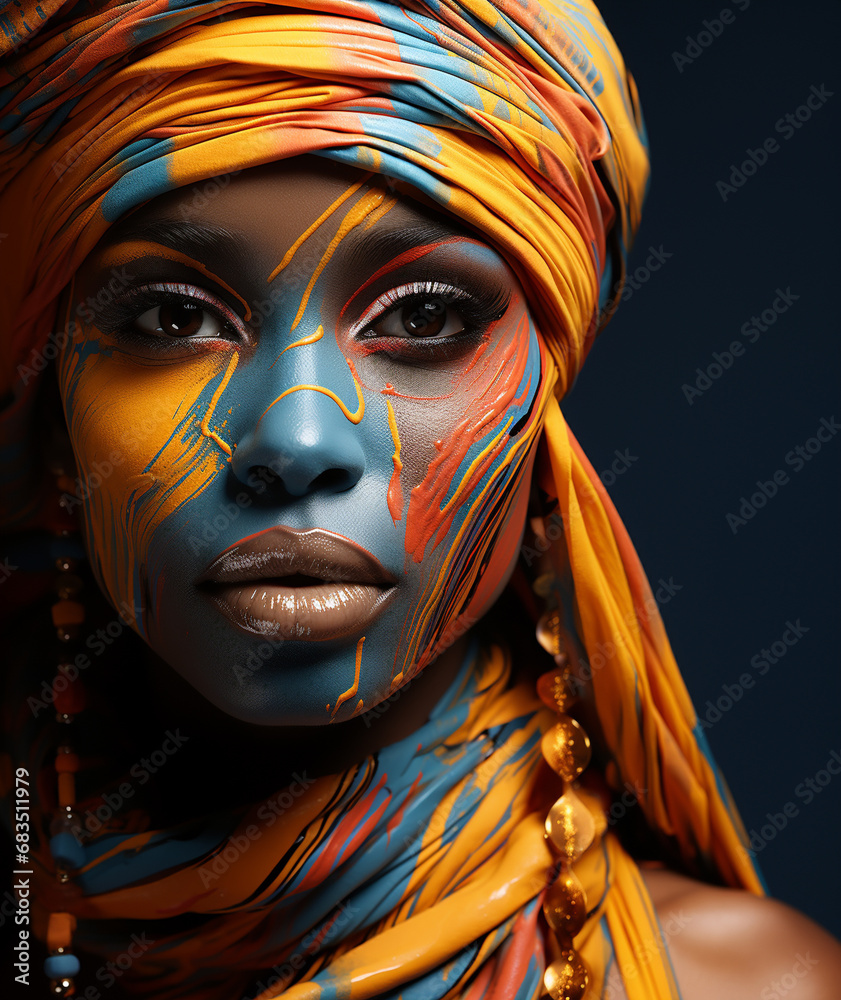 Colorful woman afro girl portrait body paint on face creative makeup Black History Month