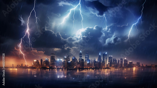 Hyper realistic skyline with a Stormy Skies with multiple lightning strikes photo