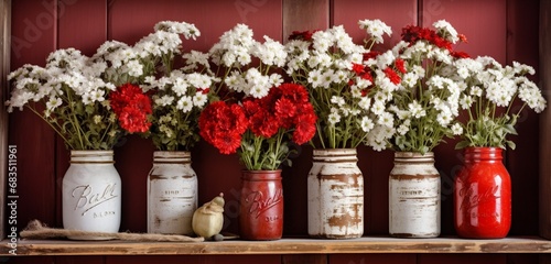 Wallpaper Mural A rustic wooden shelf with mason jar vases filled with red and white flowers. Torontodigital.ca
