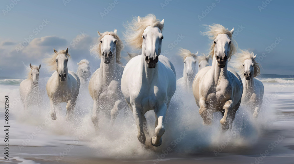 Obraz premium Hyper realistic White horses galloping on the beach