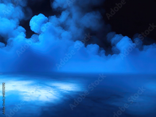 Bright neon scene, clouds of smoke above the floor surface. Blue foggy clouds background.