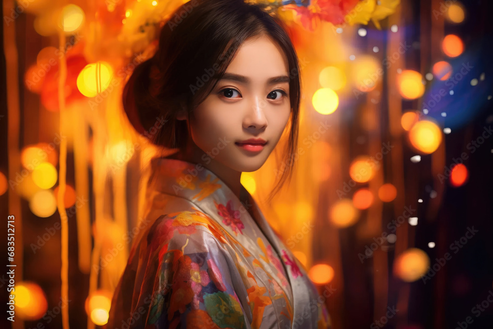 portrait of Beautiful asian woman looking at the camera on the illuminated colourful bokeh background portrait of Beautiful asian woman looking at the camera on the illuminated colourful bokeh background