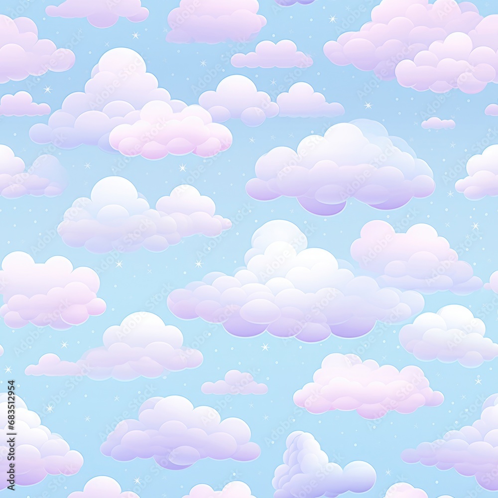 Pastel Clouds Seamless Pattern with Soft Shades of Pink on Blue Background
