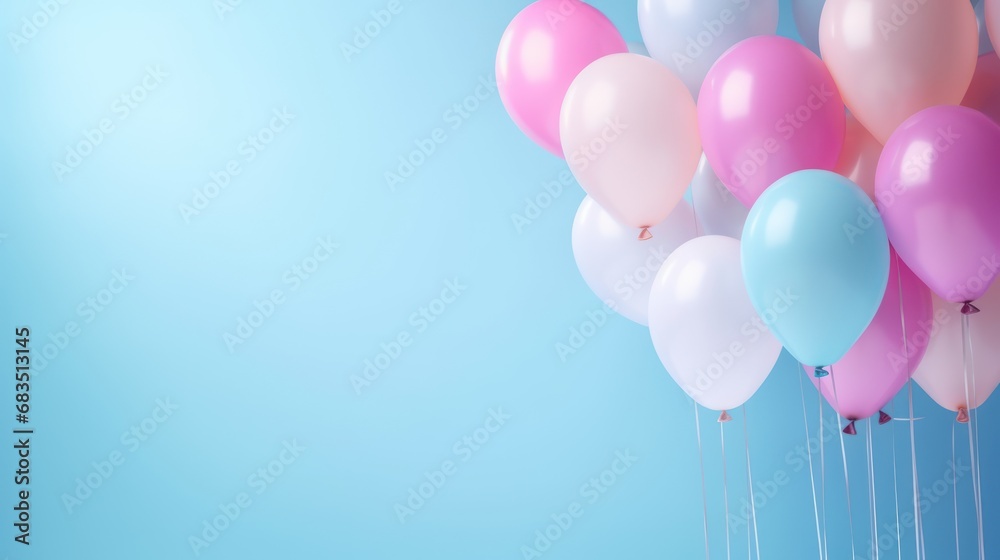  a bunch of balloons floating in the air on a blue background with a pink and white balloon attached to the bottom of the balloons.