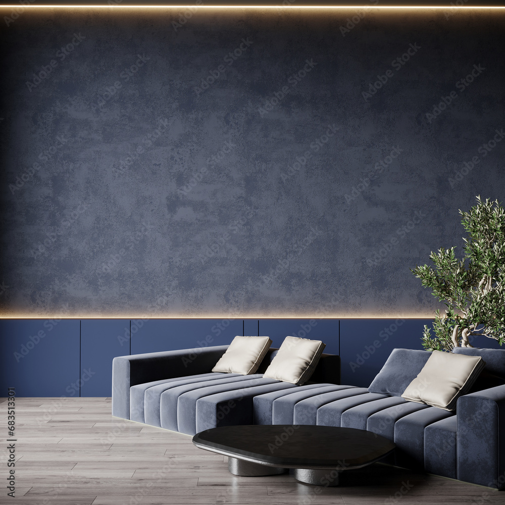Living room with blue navy accent sofa. Dark indigo plaster decorative ...
