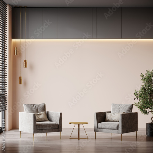 Luxury living room in beige ivory color. Creamy walls, warm ligh and lounge furniture - taupe chairs. Empty space for art or picture. Rich interior design. Mockup of a room or hall. 3d render photo