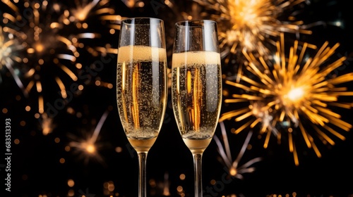 two glasses of champagne against the backdrop of fireworks. dark background with orange bokeh lights and white fireworks in the background. christmas celebration concept with space for text