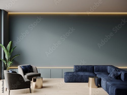 Livingroom or buisness lounge in deep dark colors. Mix trend of blue teal and gray. Empty wall mockup - paint background and rich set furniture. Luxury interior design reception hall room. 3d render  photo