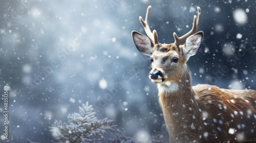  a close up of a deer with snow on it's face and antlers on it's ears.