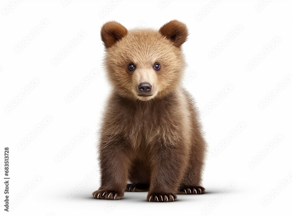 Fototapeta premium A photo-realistic image of a baby bear standing on all fours against a white background.