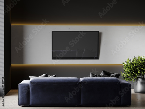 Livingroom in dark deep colors. Blank cocept idea room interior. Design in minimalist luxury style lounge office reception. TV wall and accent blue navy sofa. Modern interior design. 3d render 