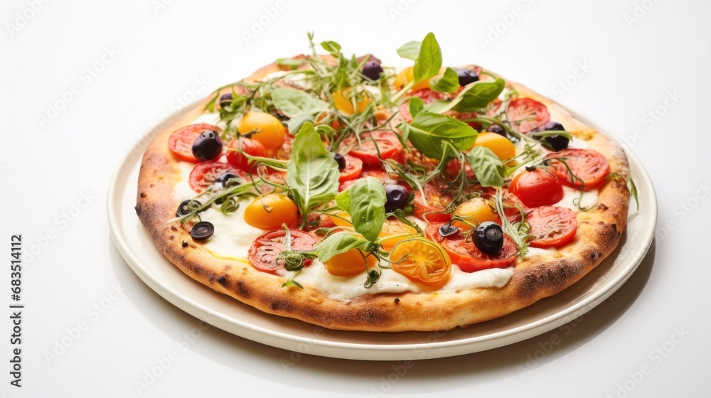  a pizza sitting on top of a white plate covered in veggies and cheese on top of a white table.