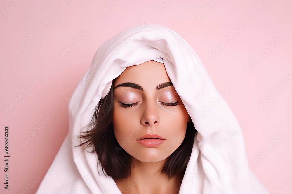Woman warm towel on head with closed eyes. Sock wet care family health. Generate Ai Woman warm towel on head with closed eyes. Sock wet care family health. Generate Ai