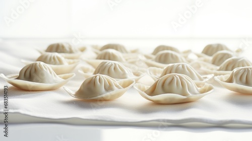  a group of dumplings sitting on top of a white cloth covered in icing on top of a table.