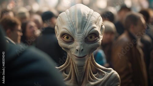 An alien stands in a crowd of people and smiles. A concept of the future