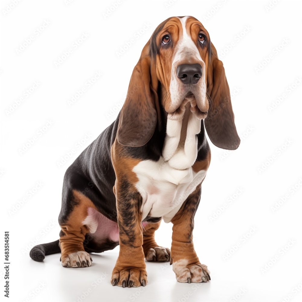 Full length basset hound, studio portrait, isolated on white