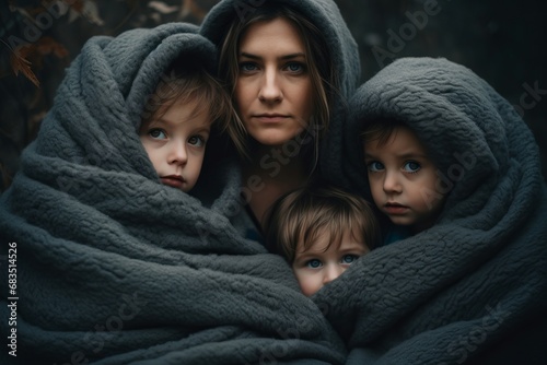 Women and children covered with blanket. Mother with kids under warm plaid. Generate ai photo