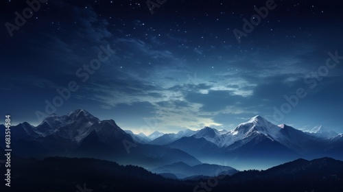  a night scene of a mountain range with stars in the sky and a full moon in the sky above it.