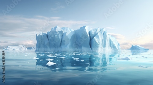 The concept of hidden danger and global warming depicted through a 3D illustration featuring an iceberg. This visual symbolizes the unseen threat and the impact of climate change on these icy formatio