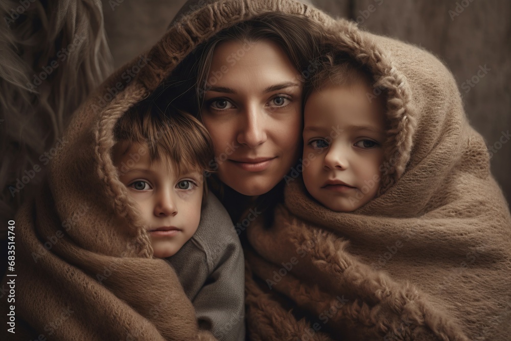 Women with two children covered with fluffy blanket. Mom with kids wrapped in warm plaid. Generate ai Women with two children covered with fluffy blanket. Mom with kids wrapped in warm plaid. Generate ai