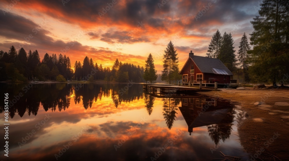 Fototapeta premium The boathouse at Ferchensee bathed in the warm evening glow of the setting sun during early summer, showcasing a flawless reflection that accentuates the cloudy ambiance
