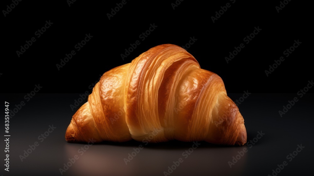  a close up of a croissant on a black surface with a reflection of the croissant on the ground.