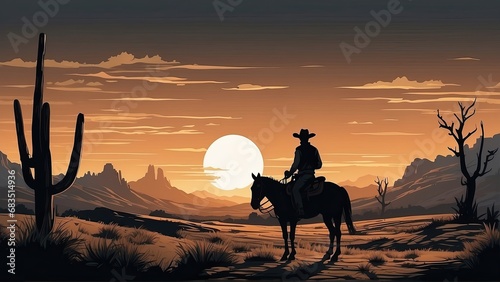 Illustration of a cowboy riding a horse in the desert at sunset photo