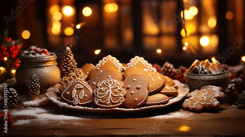 Gingerbread is lying on a wooden table, festive atmosphere, ai generative