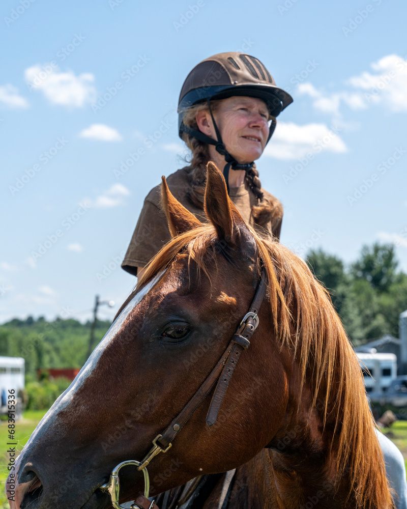 A horse portrait with a woman rider in the back A horse portrait with a woman rider in the back