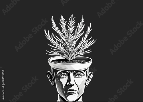 Vector illustration of a human head shaped pot with a rosemary plant, symbolizing its use as a natural remedy for hair loss
