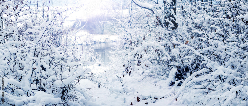 Winter landscape, a river can be seen through snow-covered tree branches in the forest Winter landscape, a river can be seen through snow-covered tree branches in the forest