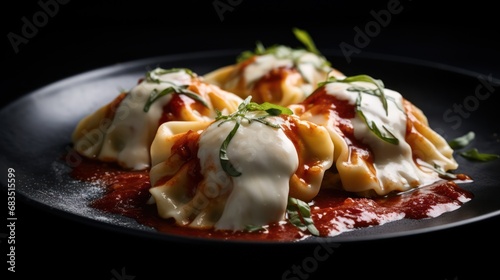  a black plate topped with ravioli covered in sauce and garnished with green leafy garnish.
