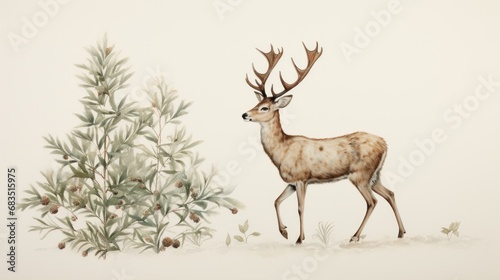  a painting of a deer standing in front of a tree with pine cones in the foreground and a pine cone in the background.