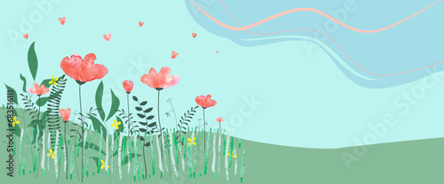 Vector illustration of a field with red heart shaped flowers and petals