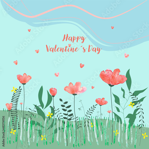 Valentines greeting card with heart shaped flowers and petals in a field